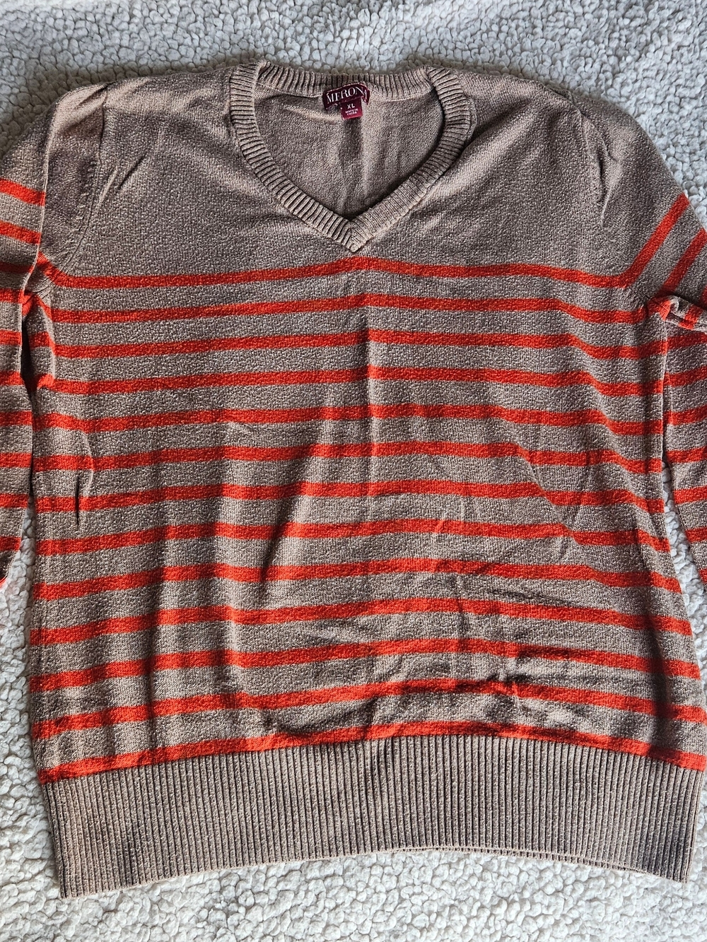 Merona Taupe V-Neck Sweater with Orange Stripes